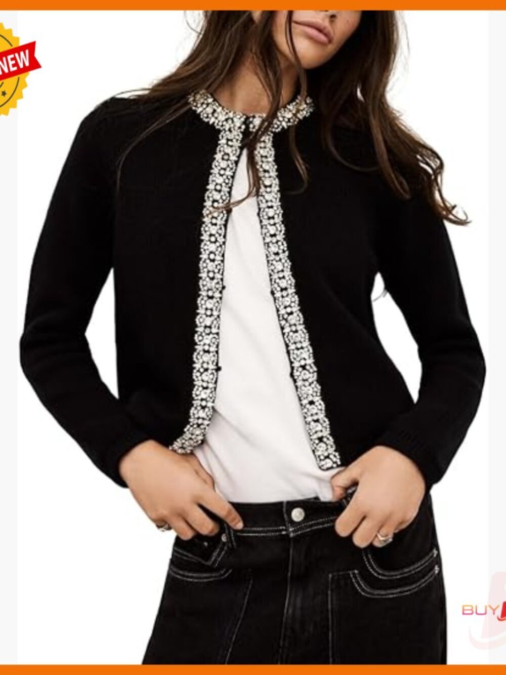 Box-Shaped Jersey Knit Cardigan With Diamante Embroidery And Hook Fastening